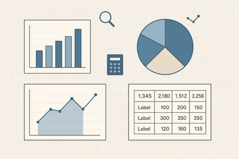 Ilustrasi berbagai jenis penyajian data statistik dalam bentuk grafik dan numerik, ditampilkan secara profesional dan edukatif