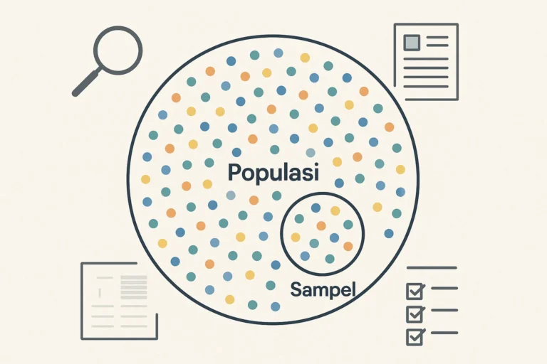 Ilustrasi populasi dan sampel dalam konteks penelitian statistik, dengan visual infografik yang bersih dan profesional