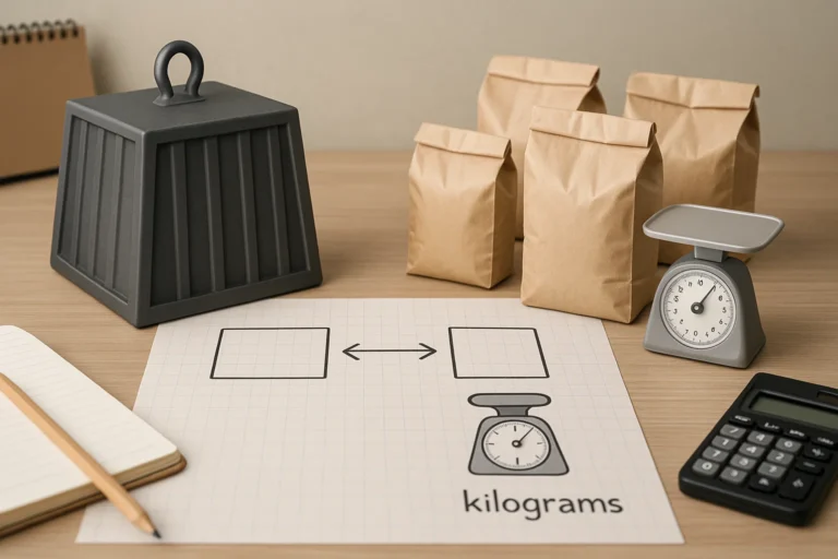 Ilustrasi realistis perbandingan antara ton dan kilogram menggunakan simbol barang berat dan ringan di meja edukasi atau logistik