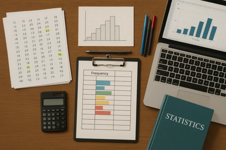 Meja kerja statistik dengan data mentah, tabel distribusi frekuensi, dan grafik histogram—visualisasi lengkap penyusunan data kuantitatif