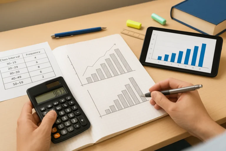 Suasana belajar menghitung data statistik dengan tabel dan kalkulator di meja belajar