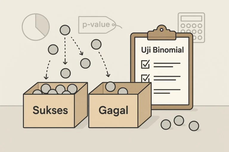 Visual representasi uji binomial satu sampel dengan dua kategori hasil- sukses dan gagal dalam konteks pengujian proporsi